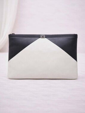 Authentic Chanel Boy Clutch Black White Leather Large Zip Pouch